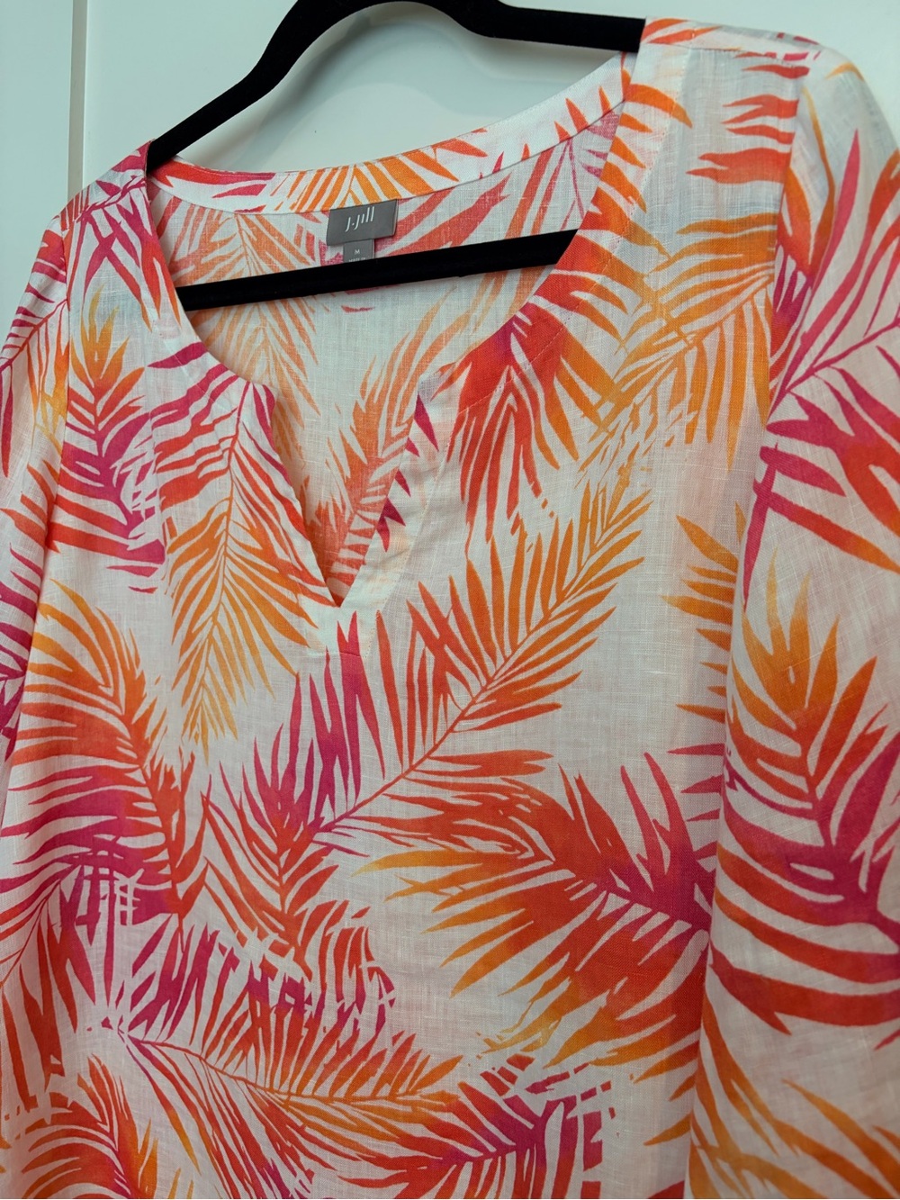 J. Jill 100% Linen Tropical Palm Print Tunic Top Medium Pink Orange White - Picture 9 of 10